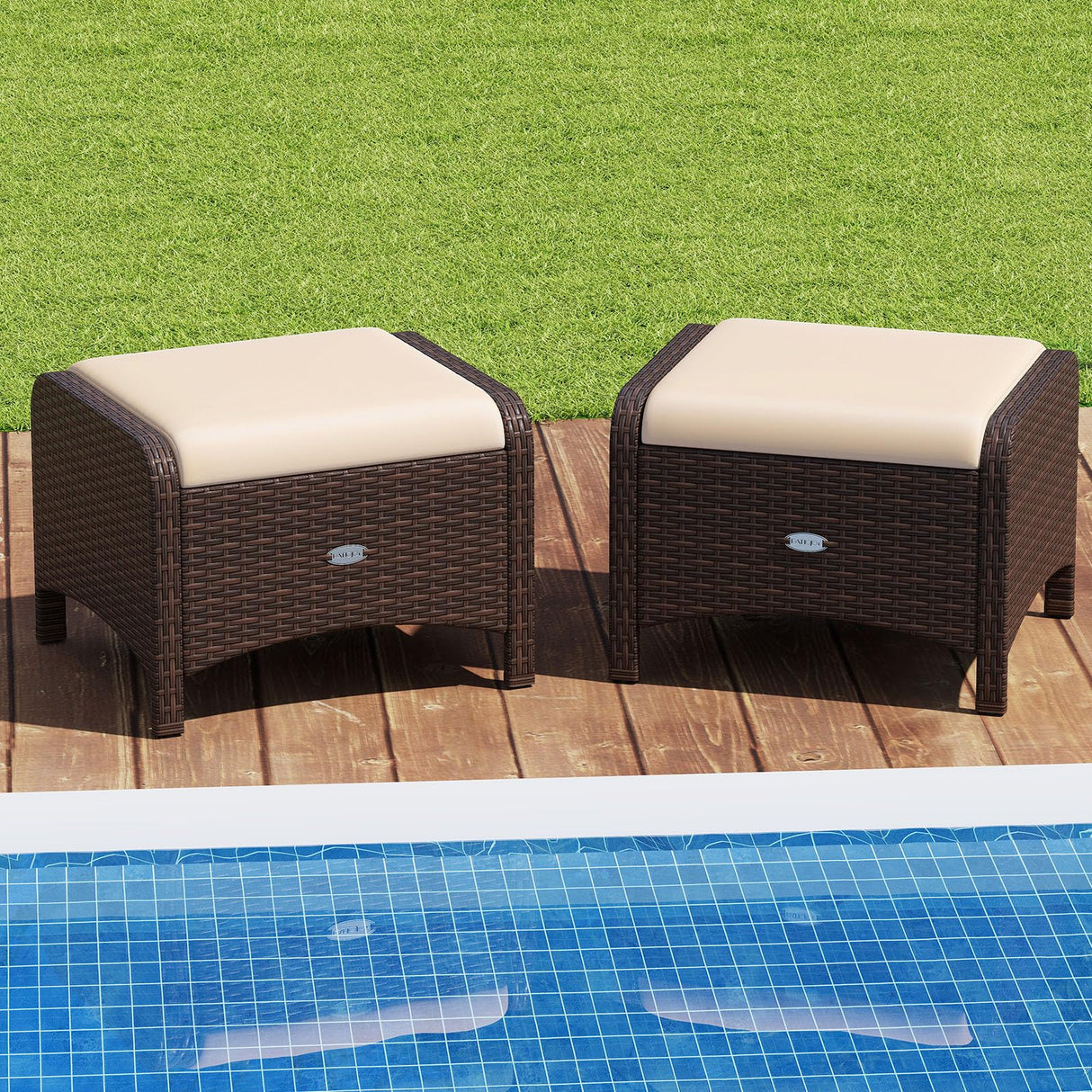 Tangkula 2 Pieces Outdoor Patio PE Wicker Ottomans with Removable Cushions, Outdoor Furniture for Additional Seating, Footrest and Side Table, Outdoor Footstools for Porch, Garden and Backyard (Beige) Tangkula