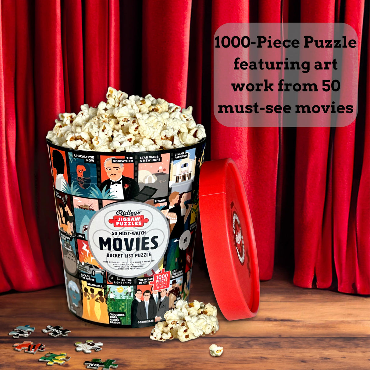 Ridley's: 50 Must-Watch Movies Bucket List 1000-Piece Puzzle - Movie Lovers Gift - Unique Art Style - Movie Room Décor Ridley's