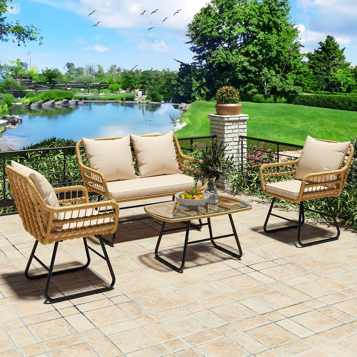 YITAHOME Patio Furniture Wicker Outdoor Bistro Set, 4-Piece All Weather Patio Furniture Rattan Conversation Loveseat Sets for Backyard, Balcony and Deck, Light Brown+Beige YITAHOME