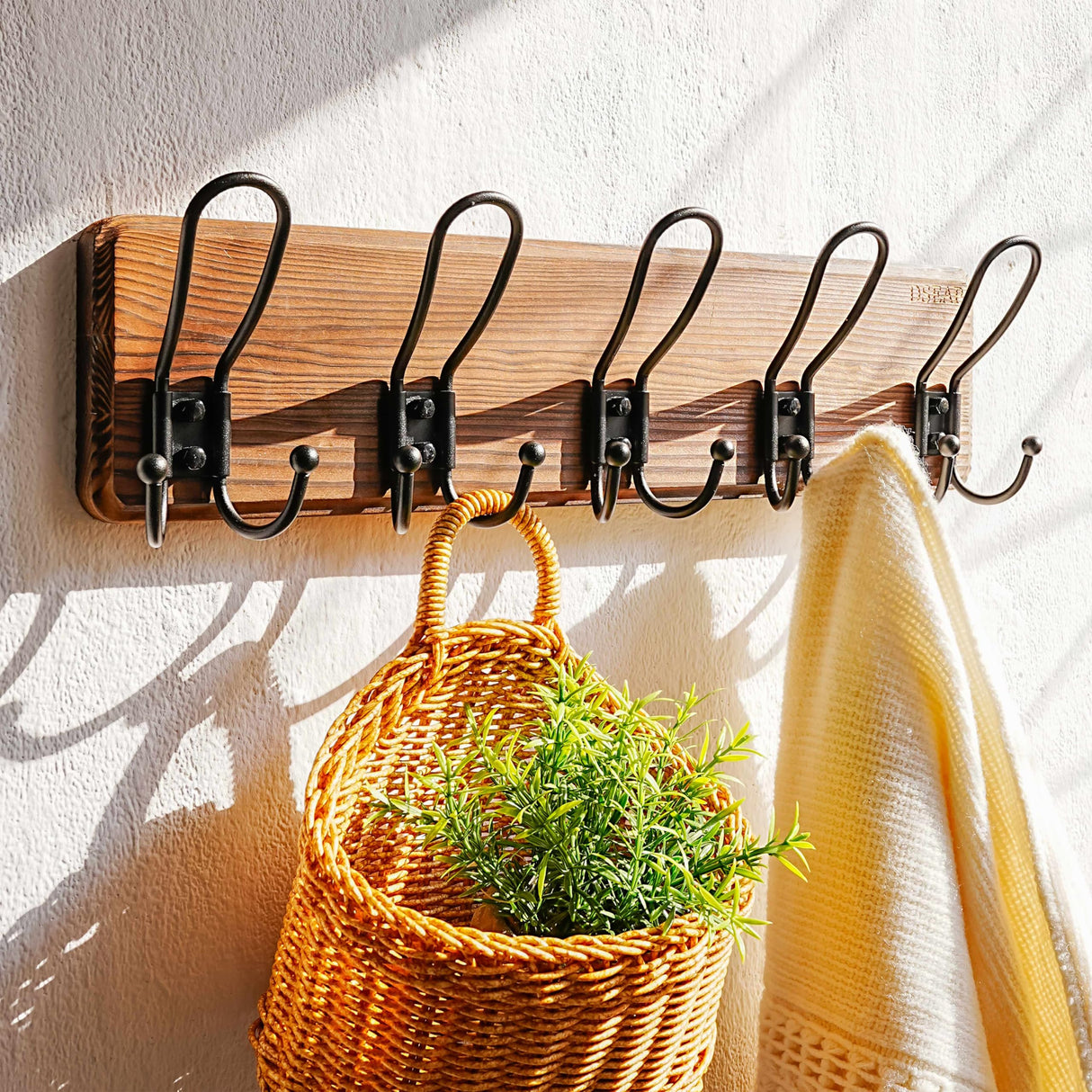 Dseap Coat Rack Wall Mounted - Heavy Duty Farmhouse Rustic Wall Coat Hanger with 5 Wire Hooks for Clothes Hat Jacket Towel, RusticWire, J1-5A, Rustic Brown & Black Dseap