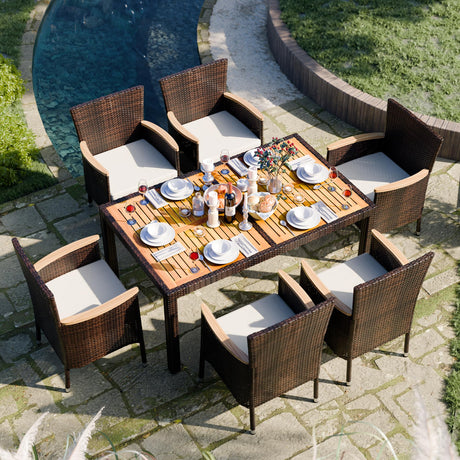 JAMFLY 7 Pieces Outdoor Patio Dining Set, Wicker Patio Furniture Set with Wood Table and 6 Chairs with Soft Cushions for Yard, Garden, Porch and Poolside (Brown) JAMFLY