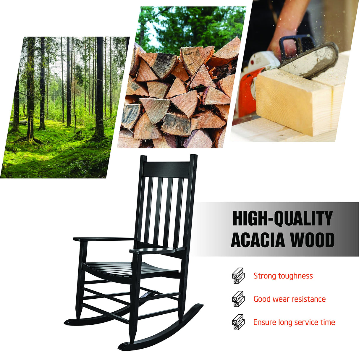 HOMESTEAD Wooden Rocking Chair Outdoor Furniture - Acacia Solid Wood Black Rocking Chair Front Porch Furniture - FSC Certified Hardwood Indoor & Outdoor Adirondack Rocking Patio Rocker Porch Chairs HOMESTEAD