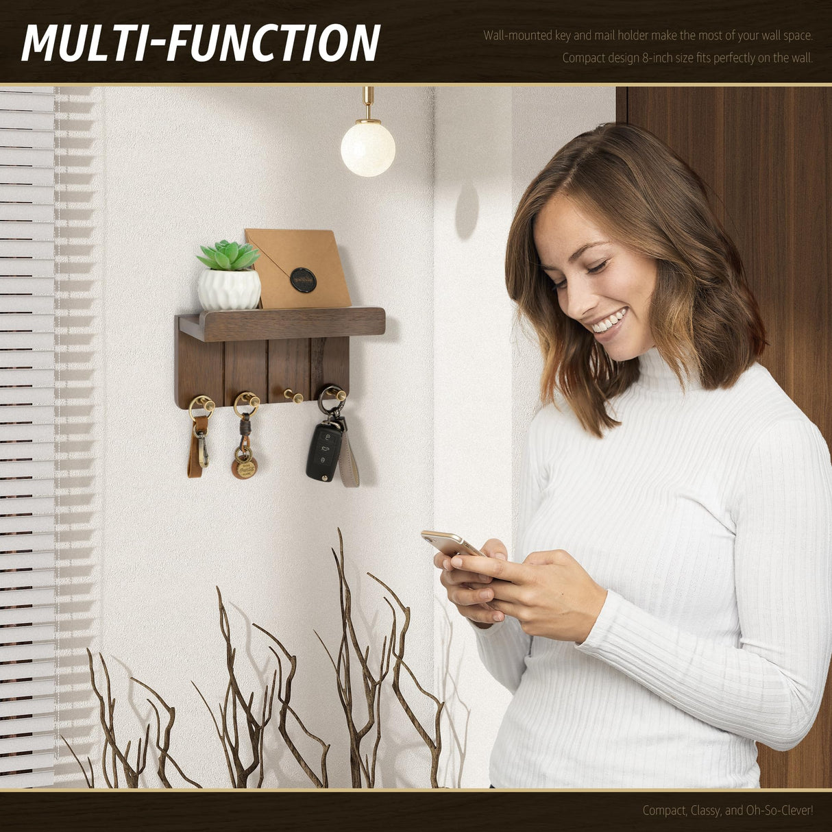 Rebee Vision Farmhouse Key Holder Wall Mount - Small Key and Mail Holder for Wall with 4 Hooks and Mini Floating Shelf - Ideal Apartment Essentials for Room Decor Aesthetic (Rustic Brown) Rebee Vision