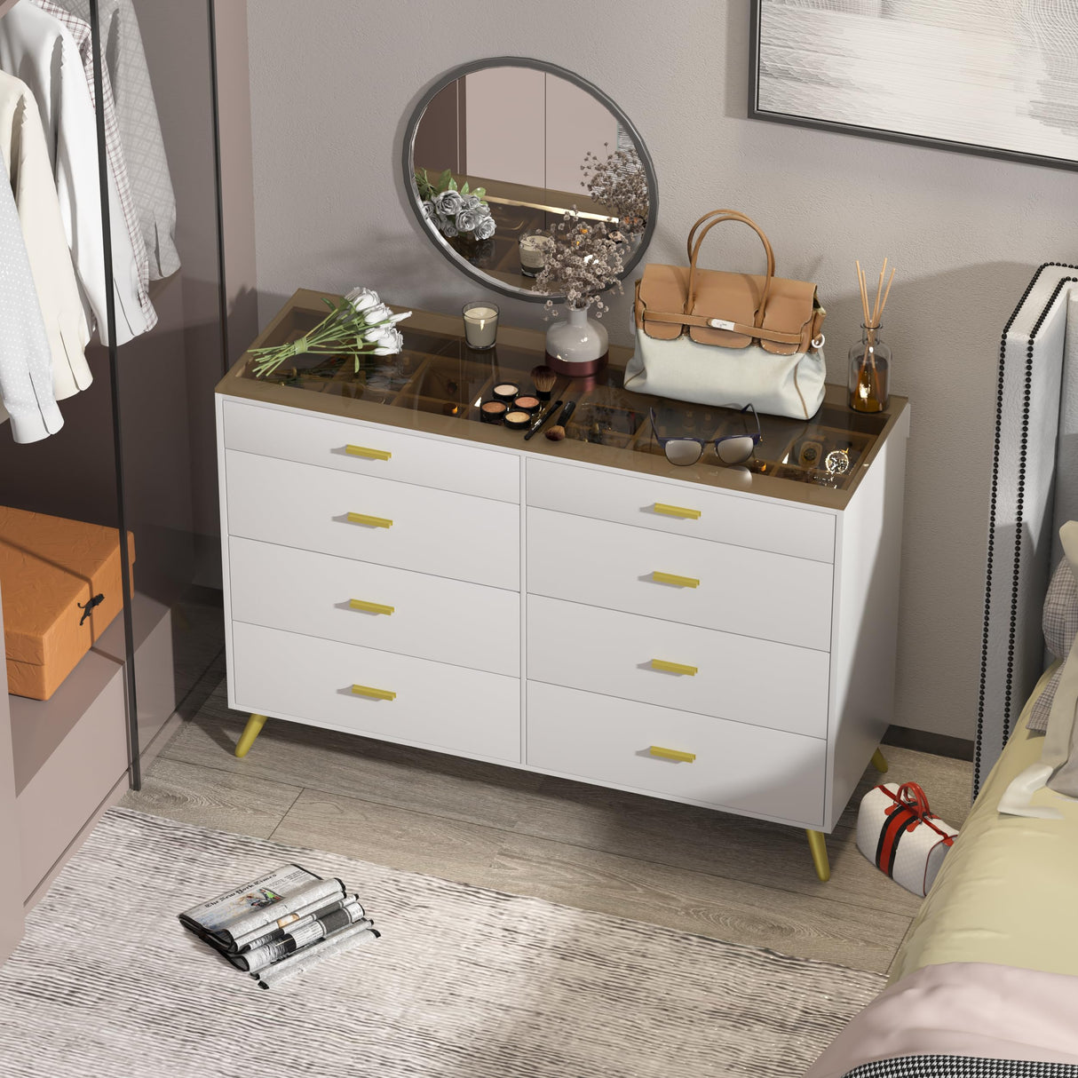 SDMY White Dresser for Bedroom,8 Drawer Dresser,Wide Chest of Drawers with LED Lights,Visual Desktop,Grid Drawer Storage Compartments,Modern Large Capacity Storage Cabinet for Living Room,Entryway SDMY