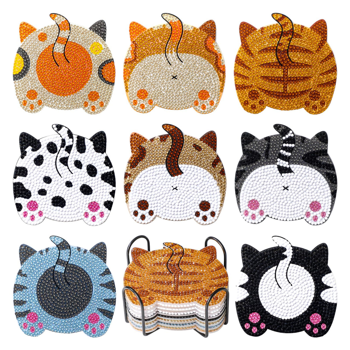 Snuvid Diamond Art Painting Coasters Kits, 8Pcs Cat Butt Coaster with Holder for Adults, Non-Slip DIY Dot Paint Craft Kits, Funny Cat Lover Gifts for Women Snuvid