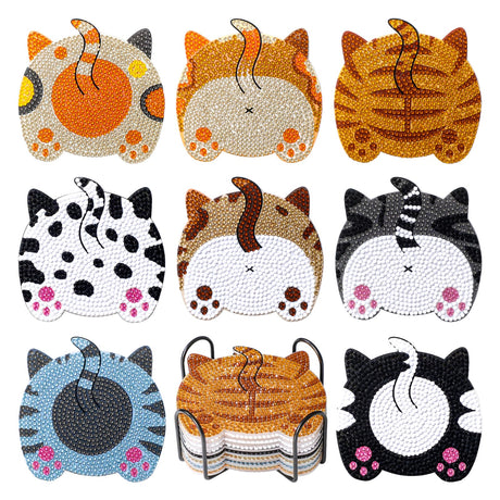 Snuvid Diamond Art Painting Coasters Kits, 8Pcs Cat Butt Coaster with Holder for Adults, Non-Slip DIY Dot Paint Craft Kits, Funny Cat Lover Gifts for Women Snuvid
