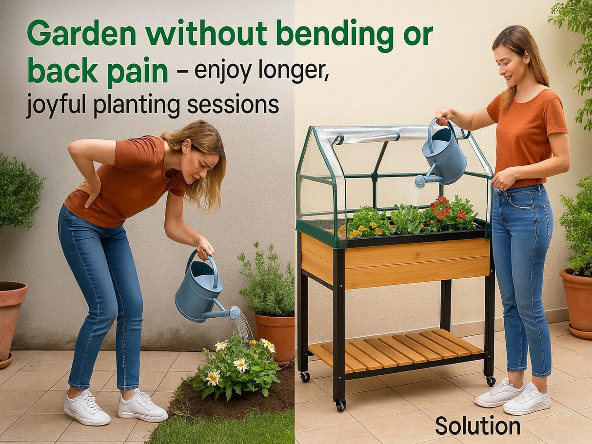 GOJ Raised Garden Bed Wood 48x24x32 inch with Greenhouse & Lockable Wheels - Elevated Wood Planter Box for Outdoors Vegetable Flower Bed Herb Planter - 400 lbs Capacity GOJ YOUR GARDEN, OUR PASSION