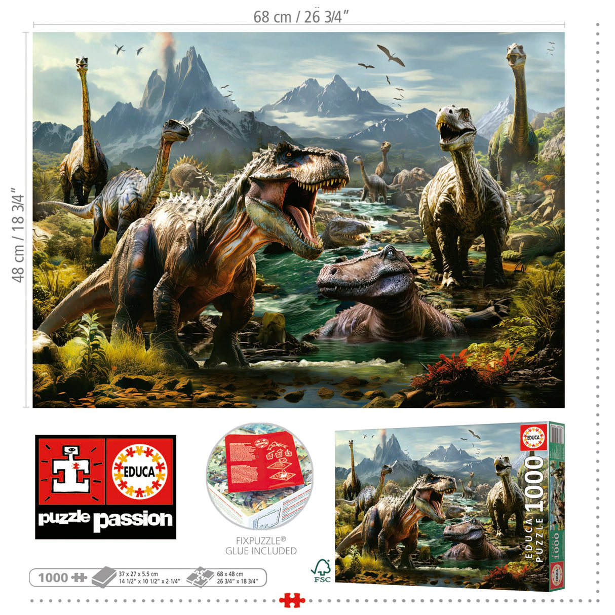 Educa - Fierce Dinosaurs - 1000 Piece Jigsaw Puzzle - Puzzle Glue Included - Completed Image Measures 26.77" x 18.9" - Ages 14+ (19924) Educa