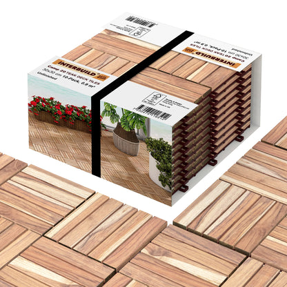 Interbuild Teak Hardwood Interlocking Patio Deck Tiles, 12" × (Pack of 10), Easy to Install Floor Tile for Both Indoor & Outdoor Use, 20 Individual Wood slats on Each Tile - WoodArtSupply