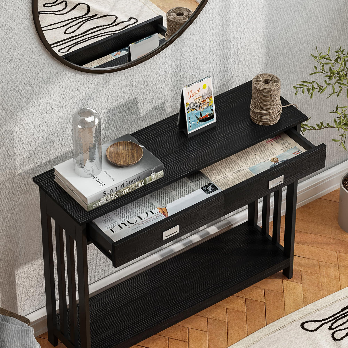 ChooChoo Black Entryway Table with Drawer, Narrow Console Table, Sofa Table with Storage Shelf for Entryway, Living Room and Hallway ChooChoo