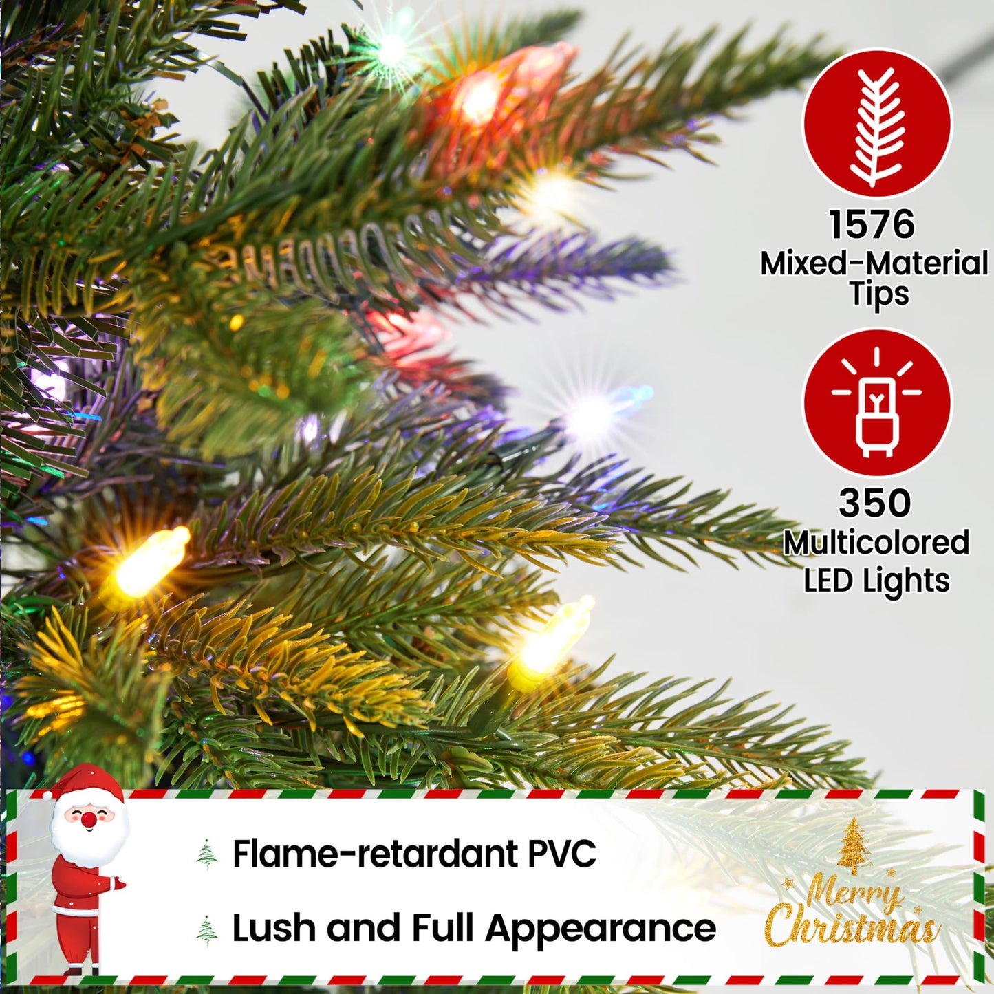 Yaheetech 6ft Pre-Lit Aspen Christmas Tree with 350 Multicolored LED Lights, 1576 PE & PVC Branch Tips, 9 Light Modes Lighted Artifical Noble Fir, Holiday Décor, Foldable Metal Stand