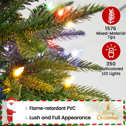 Yaheetech 6ft Pre-Lit Aspen Christmas Tree with 350 Multicolored LED Lights, 1576 PE & PVC Branch Tips, 9 Light Modes Lighted Artifical Noble Fir, Holiday Décor, Foldable Metal Stand