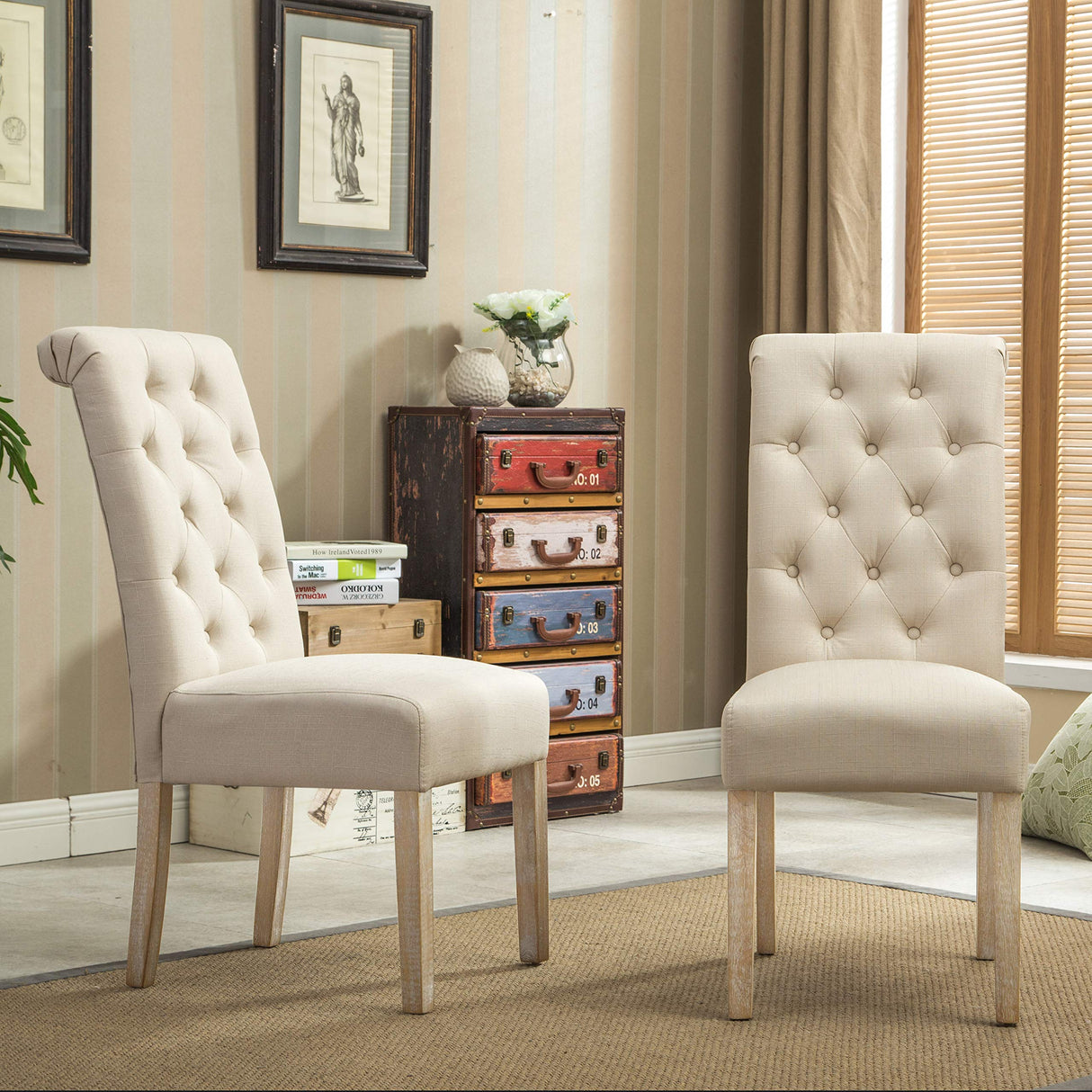 Roundhill Furniture Habit Solid Wood Tufted Parsons Dining Chair (Set of 2), Tan Roundhill Furniture