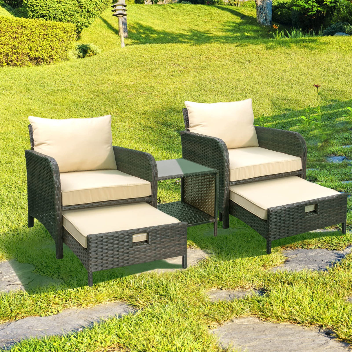 LEVELEVE Balcony Furniture 5 Piece Patio Conversation Set, PE Wicker Rattan Outdoor Lounge Chairs with Soft Cushions 2 Ottoman&Glass Table for Porch, Lawn-Brown Wicker LEVELEVE