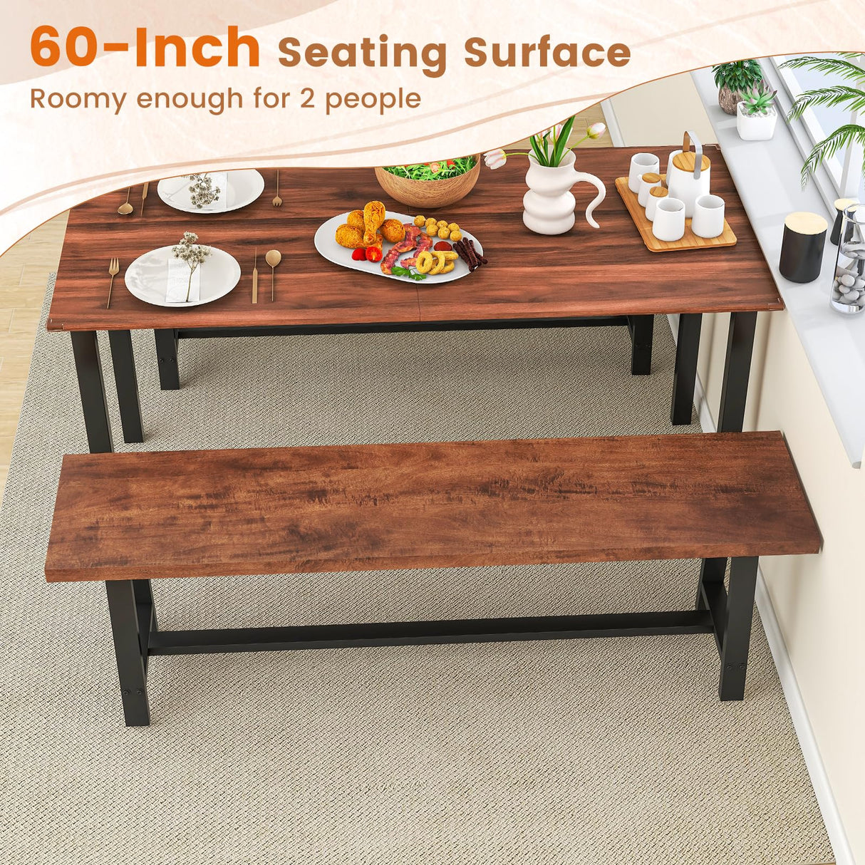 Giantex 60” Wood Dining Bench, 3 Person Entryway Shoe Bench with Metal Frame, Rectangular End of Bed Bench, Farmhouse Indoor Bench for Hallway, Living Room & Dining Room (60”L) Giantex