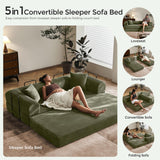 79" Convertible Sofa Bed with Fixed-Shape Frame & Removable Armrests, Modular Corduroy Sleeper Sofa, Folding Mattress Couch for Small Spaces - No Assembly Needed in Light Green (Includes 2 Pillows) SAVENICA