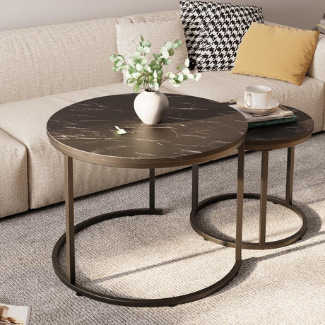 aboxoo Round Nesting Coffee Table Side Set of 2 End Tables for Living Room Bedroom Balcony,Black Faux Marble Wooden Table 23.6IN Accent Large Coffee Table with Steel Frame aboxoo
