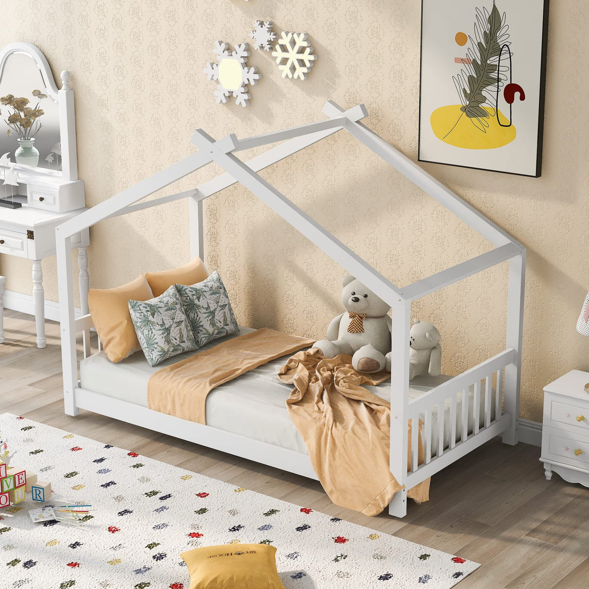 Merax Twin Kids House Bed Frame – Charming Wood Design with Headboard & Footboard in White Merax