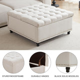 Tbfit Large Square Storage Ottoman Bench, Tufted Upholstered Coffee Table with Lift Top & Solid Wood Legs, Oversized Storage Ottomans Toy Box for Living Room (Beige) Tbfit