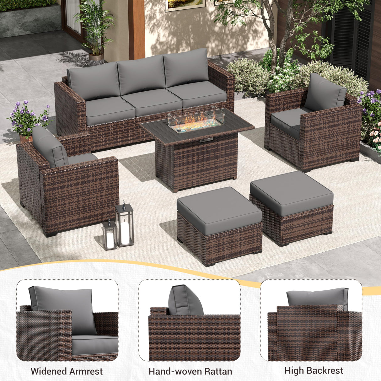 Amopatio 8-Piece Wicker Outdoor Patio Furniture Set with Ottoman, Sectional Couch, 44” Metal Fire Pit Table for Patio, Porch, Backyard - Weather Resistant, Comfortable Cushions, Grey Amopatio