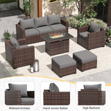 Amopatio 8-Piece Wicker Outdoor Patio Furniture Set with Ottoman, Sectional Couch, 44” Metal Fire Pit Table for Patio, Porch, Backyard - Weather Resistant, Comfortable Cushions, Grey Amopatio
