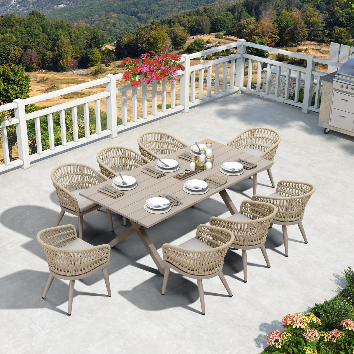 PURPLE LEAF 9 Pieces Outdoor Dining Set All-Weather PE Rattan Outdoor Patio Furniture Set with All Aluminum Frame Rectangular Table and Chairs Set for Lawn Garden Backyard Deck, Champagne PURPLE LEAF