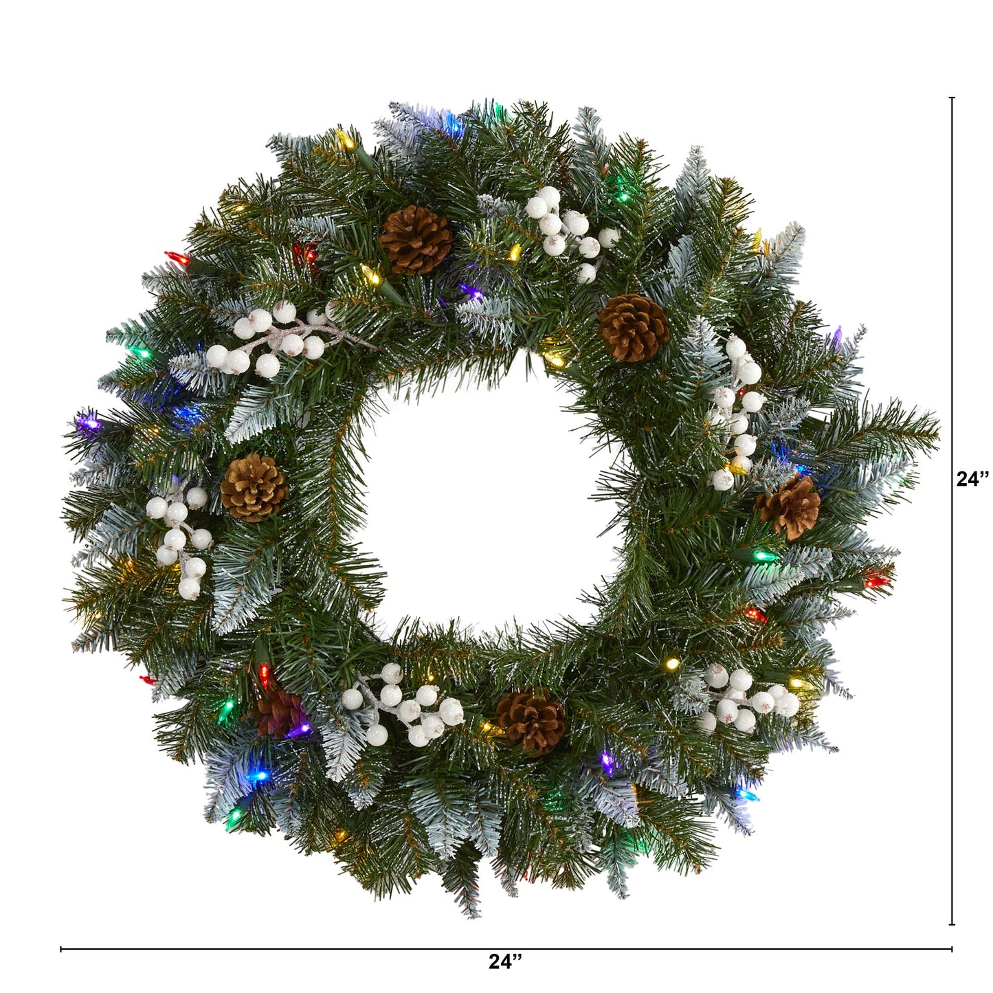 Nearly Natural 24in. Snow Tipped Artificial Christmas Wreath with 50 Multicolored LED Lights, White Berries and Pine Cones