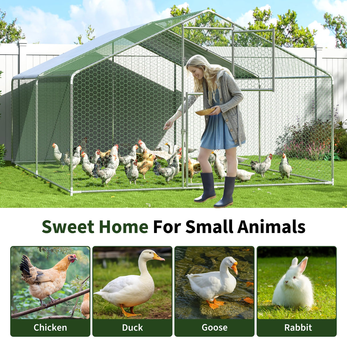 DAKITO Chicken Coop,Large Metal Chicken Run Pen,Walk in Chicken Coops for 10/40 Chickens,Double Door Chicken House with Waterproof & Anti-UV Cover for Backyard. (13.1x9.8x6.4 FT) DAKITO