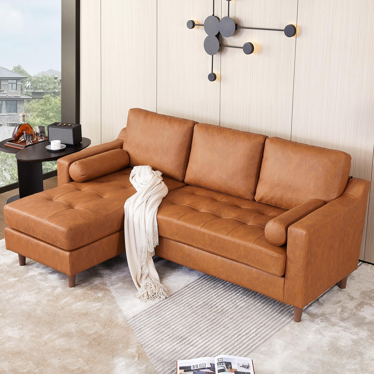 GarveeHome 88.9 in Leather L-Shape Sofa with Convertible Chaise, Modern Mid-Century Sofa for Living Room, 3 Seat Comfy Leather Couch with Deep Seat, Cognac Tan GarveeHome