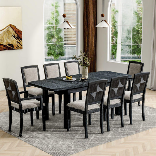 Winwee 9 Piece Rustic Extendable Rectangular Dining Table Set with 6 Upholstered Armless Dining Chairs and 2 Padded Arm Chairs, Wooden Kitchen Set with 24inch Removable Leaf(Black) - WoodArtSupply