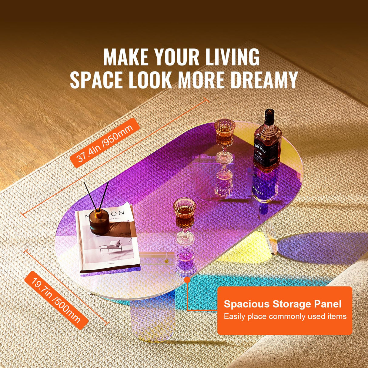 VEVOR Acrylic Coffee Table, Iridescent Acrylic End Table, Colorful Acrylic Side Table 37.4 in (L) x 19.7 in (W) x 13.8IN (H) for Coffee, Drink, Food, Snack Used in Living Room, Courtyard, Terrace VEVOR