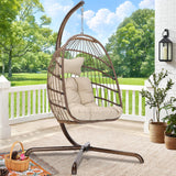 RADIATA Patio Hanging Egg Chair with Stand, Rattan Swing Chair with Cushion and Pillow, Wicker Hammock Chair for Indoor Outdoor Bedroom Living Room Garden (Brown with Cover) RADIATA