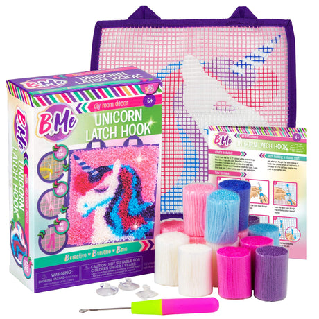 B Me DIY Unicorn Latch Hook Kit for Girls – Mini Rug Sewing Set with 15 Colorful Yarn Bundles, Color-Coded Canvas, DIY Grils Bedroom Décor Idea Perfect Birthday & Gift Age 6+ B Me