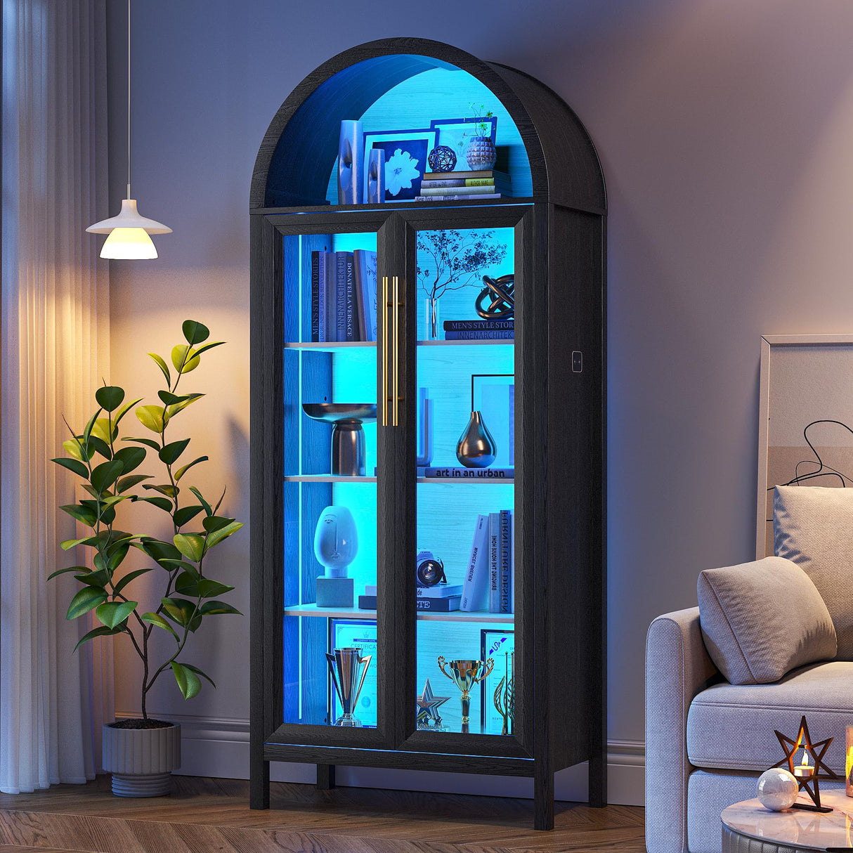 HWB Arched Curio Display Cabinet with Glass Doors, 5-Tier Glass Display Storage Pantry Cabinet with 3 Color LED Lights, Human Sensor, Black HWB