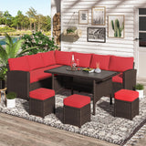 U-MAX Outdoor Patio Furniture Set,7 Piece Patio Sectional Sofa Set with Dining Table All-Weather Wicker Patio Conversation Sets(Brown Rattan & Red Cushion) U-MAX