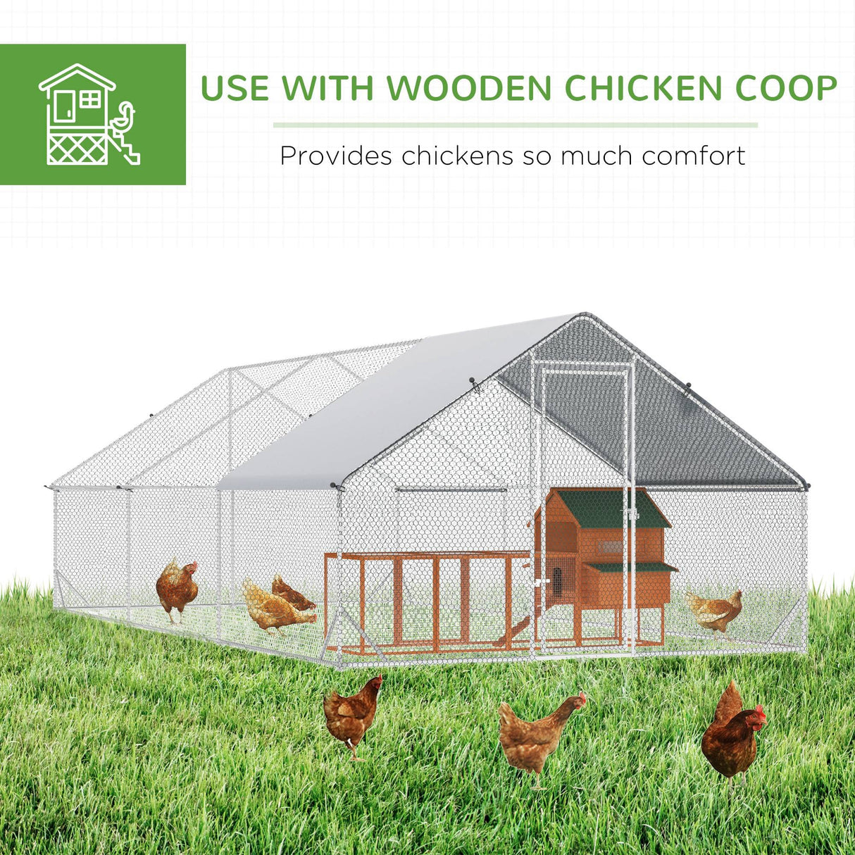 PawHut Large Chicken Coop Metal Chicken Run with Waterproof and Anti-UV Cover, Spire Shaped Walk in Fence Cage Hen House for Outdoor and Yard Farm Use, 1" Tube Diameter, 9.8' x 19.7' x 6.6' PawHut