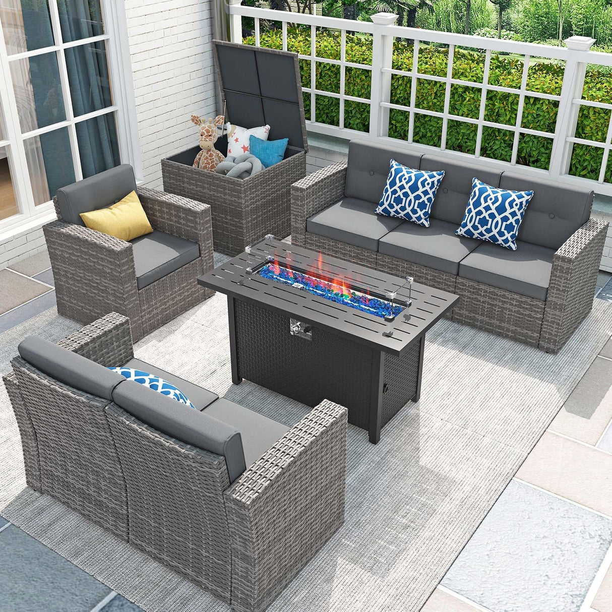 JOIVI 8 Pieces Patio Furniture Set with 45” Fire Pit Table, Outdoor Conversation Set with 50000 BTU Gas Fire Pit, Rattan Sectional Sofa Set with Storage Box for Garden, Backyard, Grey JOIVI