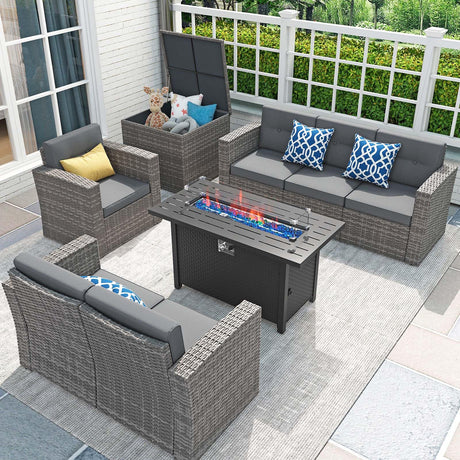 JOIVI 8 Pieces Patio Furniture Set with 45” Fire Pit Table, Outdoor Conversation Set with 50000 BTU Gas Fire Pit, Rattan Sectional Sofa Set with Storage Box for Garden, Backyard, Grey JOIVI