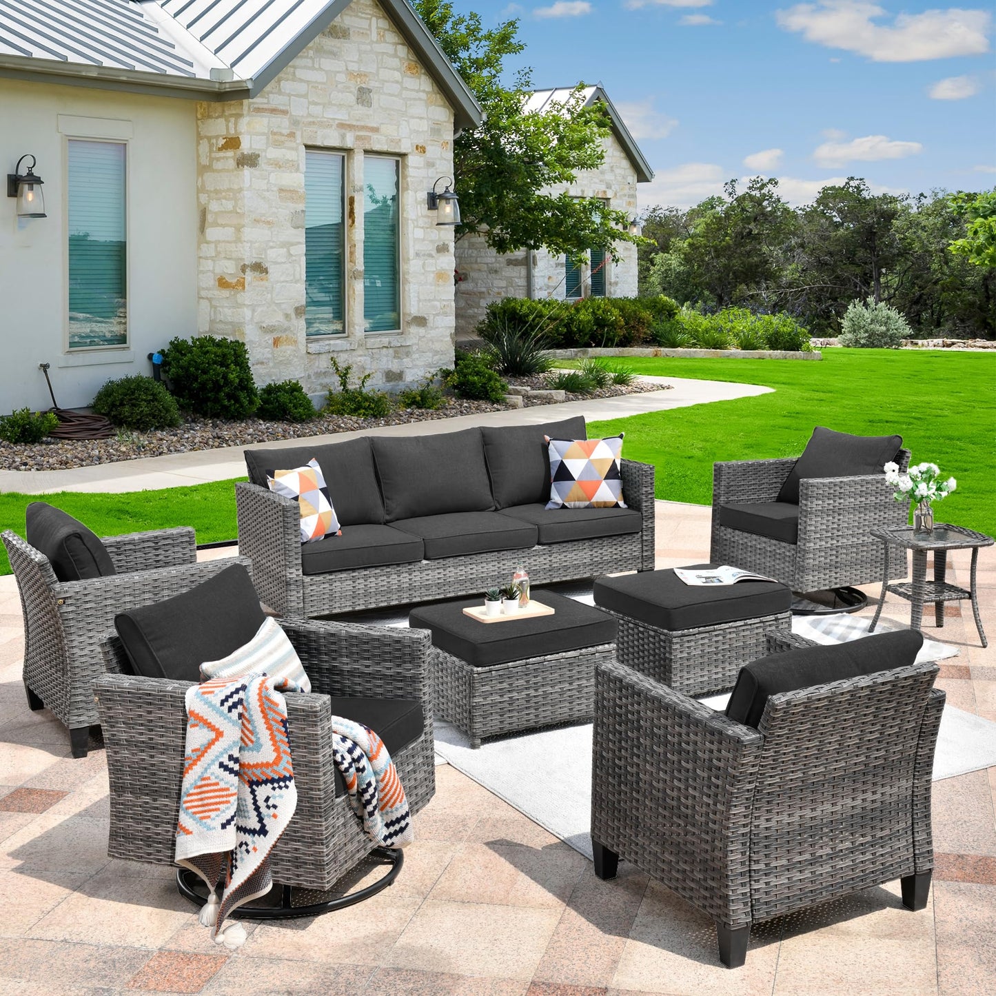 HOOOWOOO Wicker Patio Conversation Sets,8 Piece Outdoor Furniture Set with Swivel Rocking Chairs,All Weather Resistant Modern Outside Out Door Rattan Couch Chairs Side Table Set,Black - WoodArtSupply