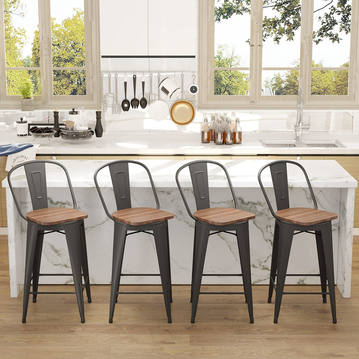 Aklaus Swivel Metal Bar Stools Set of 4 Counter Height Stools Counter Bar Stools with Back Swivel Metal Bar Chairs Wooded Seat 26 Inch Matte Black barstools Aklaus
