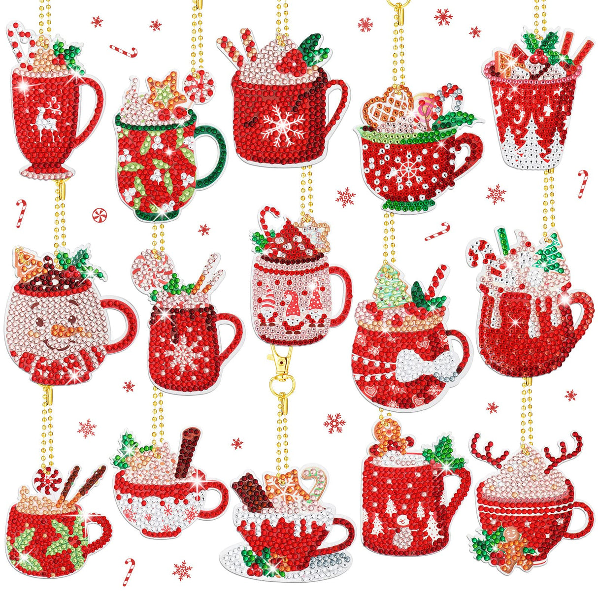 BBTO 15 Pieces Christmas Diamond Painting Keychain Ornaments 5D DIY Hot Cocoa Art for Kids Crafts Family Decor (Cute) BBTO