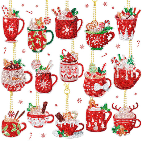BBTO 15 Pieces Christmas Diamond Painting Keychain Ornaments 5D DIY Hot Cocoa Art for Kids Crafts Family Decor (Cute) BBTO