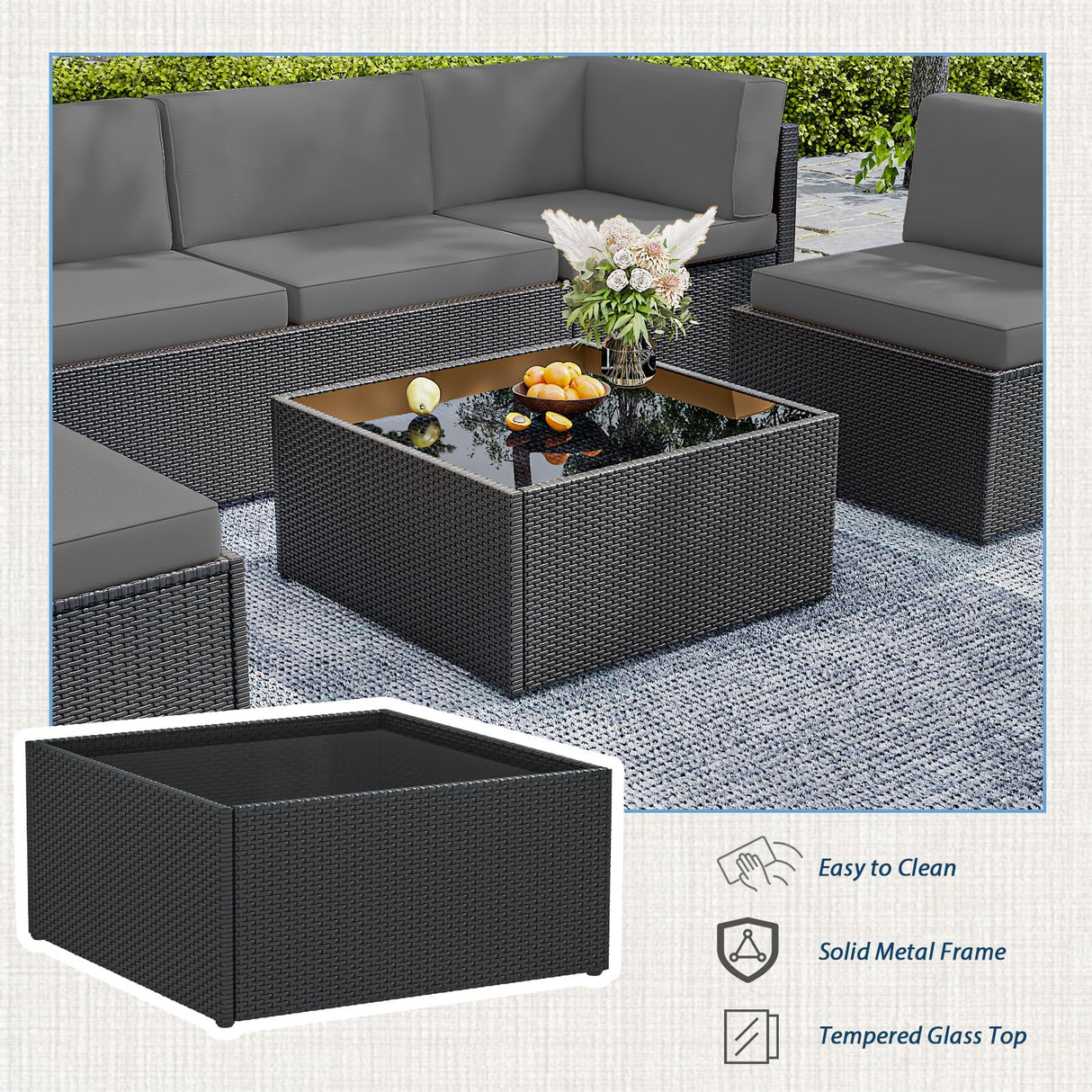 AECOJOY 7 Piece Outdoor Patio Furniture Set, Outdoor Sectional Conversation Furniture Chair with Coffee Table,Patio Sectional for Garden,Backyard(Grey Cushions and Black PE Rattan) AECOJOY