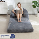 MAXYOYO Folding Sofa Bed, 2 in 1 Convertible Sofa to Lounger Comfy Single Bean Bag Chair for Adults, Floor Sleeper Couch with Handle, Faux Fur Couch Bed for Living Room Bedroom, Grey MAXYOYO