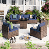 ELEGIBLISS 7/8-Piece Patio Conversation Set with Fire Pit Table, Outdoor All-Weather Rattan Sofa Sectional, Handwoven Wicker Furniture for Backyard, Easy Assembly & Weather-Resistant Design ELEGIBLISS