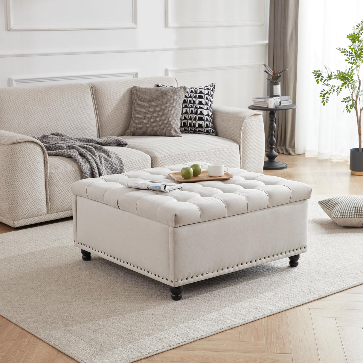 Tbfit Large Square Storage Ottoman Bench, Tufted Upholstered Coffee Table with Lift Top & Solid Wood Legs, Oversized Storage Ottomans Toy Box for Living Room (Beige) Tbfit