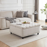 Tbfit Large Square Storage Ottoman Bench, Tufted Upholstered Coffee Table with Lift Top & Solid Wood Legs, Oversized Storage Ottomans Toy Box for Living Room (Beige) Tbfit