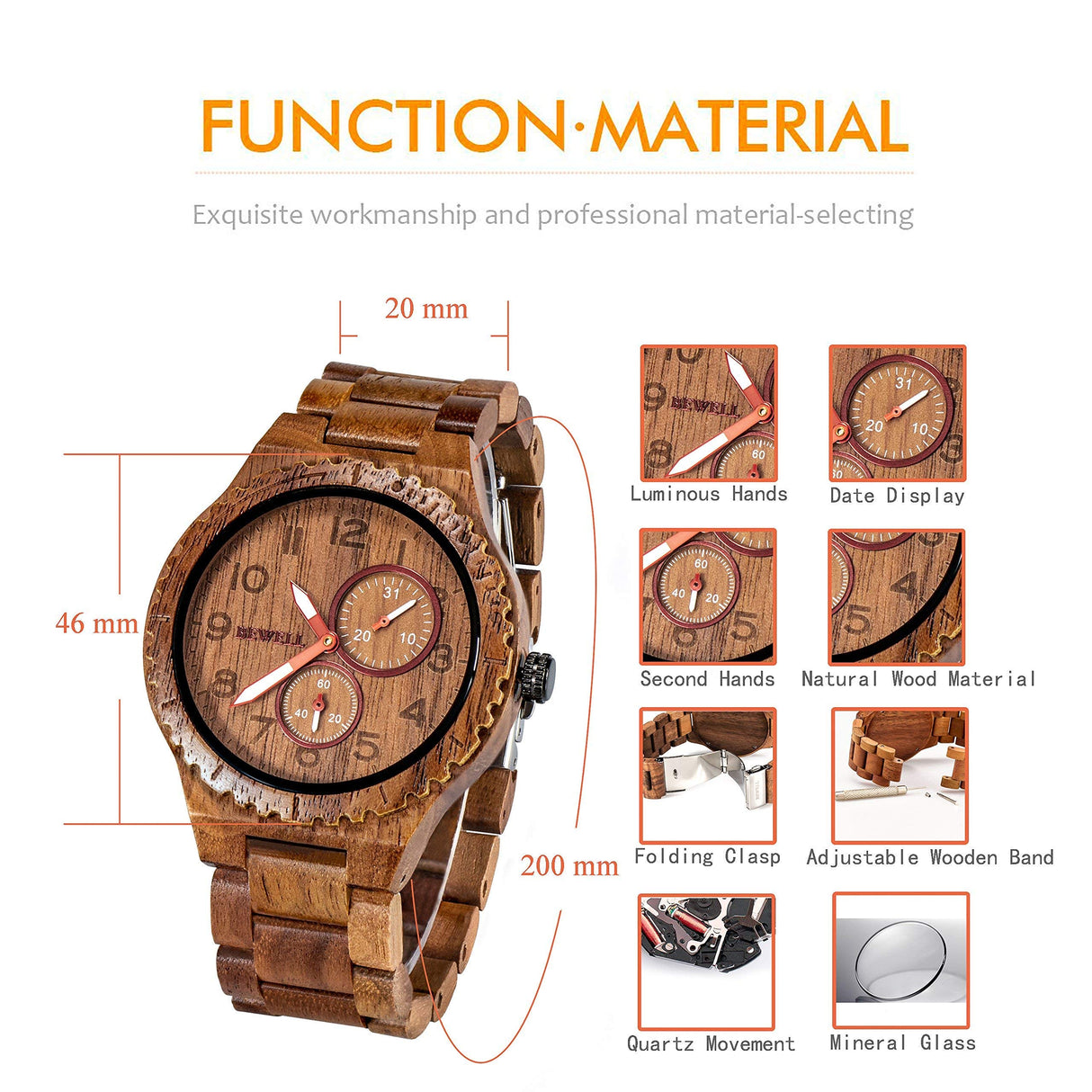 BEWELL Mens Wood Watch Quartz Analog Date Display Luminous Retro Handmade Wooden Wristwatch for Men (Walnut) BEWELL