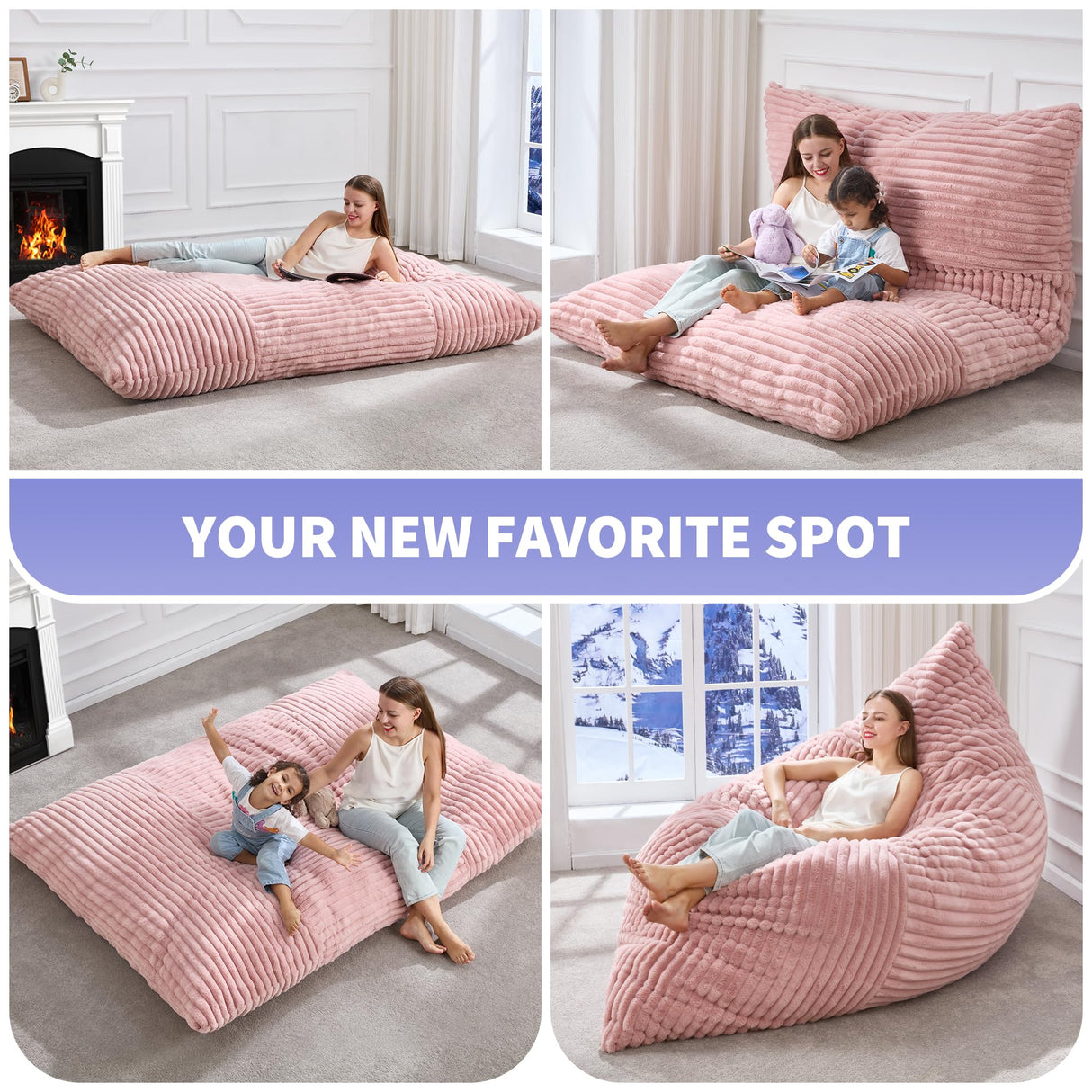 Hobestluk 3 in 1 Bean Bag Chair Giant Bean Bag Chairs Convertible Bean Bag Cushion with Machine Washable Cover, Large Beanbag Chairs for Adult (Pink) Hobestluk