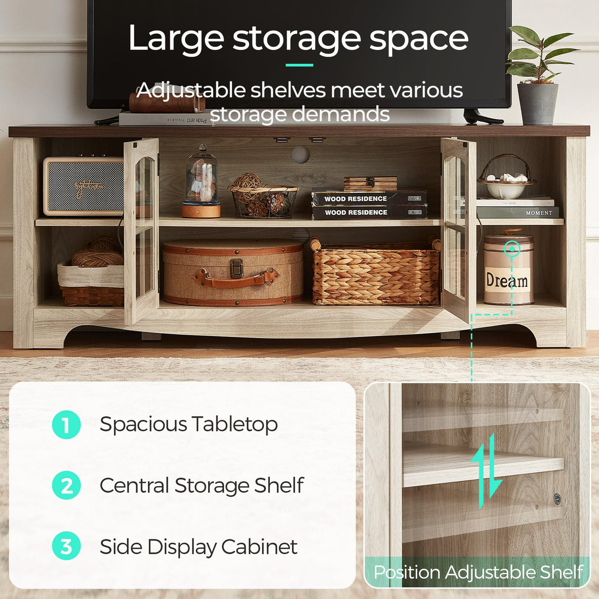 LINSY HOME Farmhouse TV Stand for 65 Inch TV, Wood Entertainment Center with Glass Door Storage Cabinet & Adjustable Shelves, Large Sturdy TV Console Table for Living Room Bedroom LINSY HOME